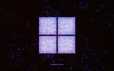 Windows11キラキラロゴ, パープルグリッターアート, 黒の背景, Windows11のロゴ, Windows 11, クリエイティブアート, Windows11の紫色のキラキラロゴ, Windowsロゴ, Windows