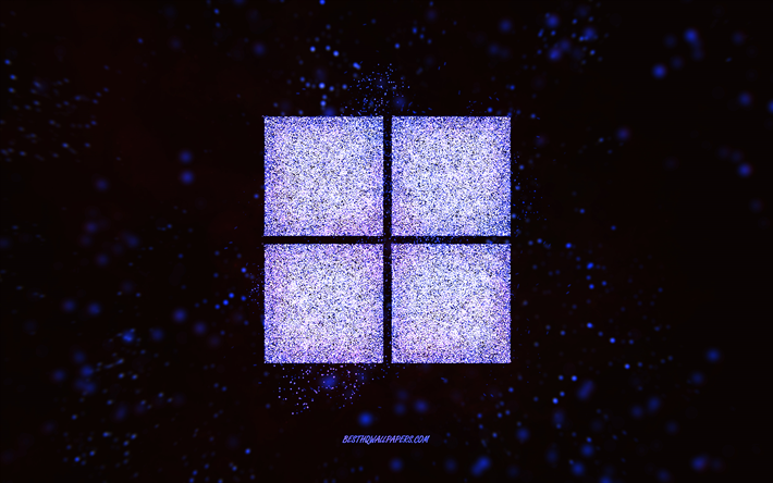 Logo glitter di Windows 11, arte glitter viola, sfondo nero, logo Windows 11, arte creativa, logo glitter viola di Windows 11, logo Windows, Windows