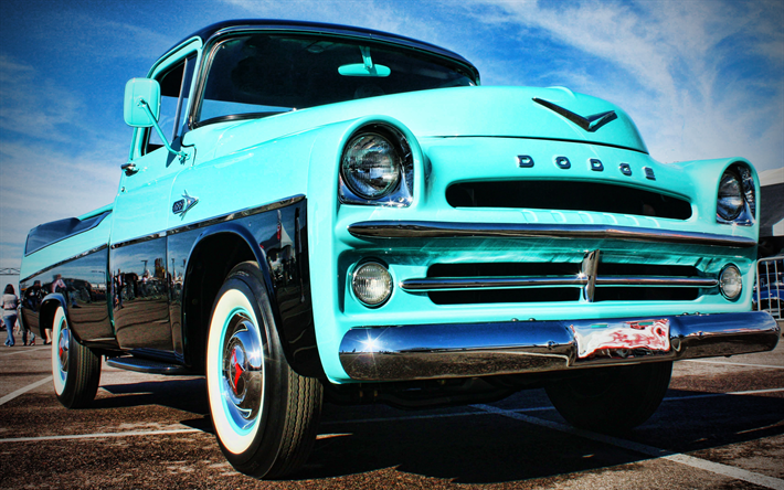 Dodge D100 Sweptline, 4k, eski arabalar, 1957 arabalar, mavi pikap, HDR, 1957 Dodge D100 Sweptline, Amerikan arabaları, Dodge