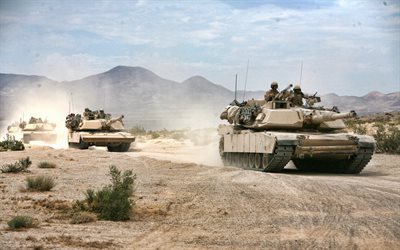 M1A2 Abrams, column of tanks, Iraq, American main battle tank, desert, modern armored vehicles, tanks, US Army, USA