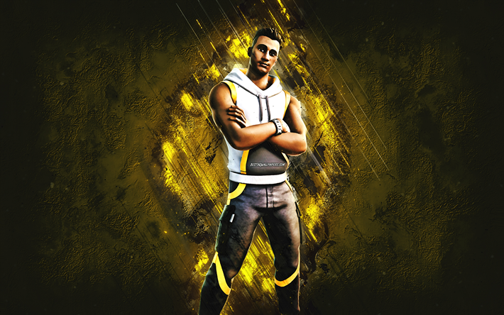 Fortnite White Synth Striker Skin, Fortnite, main characters, yellow stone background, White Synth Striker, Fortnite skins, White Synth Striker Skin, White Synth Striker Fortnite, Fortnite characters