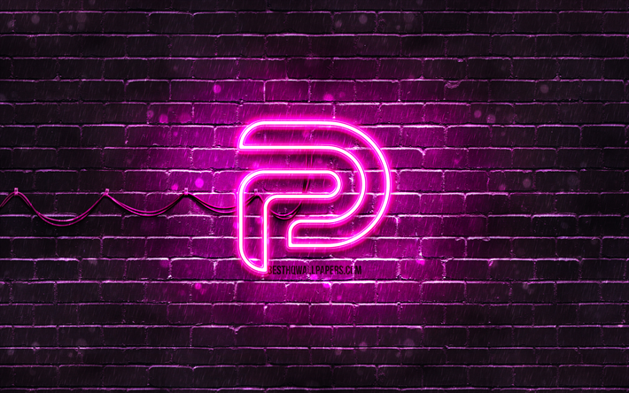 Parler logo viola, 4k, muro di mattoni viola, logo Parler, social network, logo Parler neon, Parler