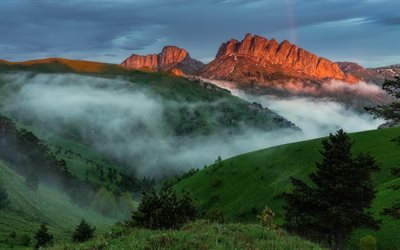 mountain valley, fog, morning, sunrise, rocks, mountain landscape, rainbow, mountains