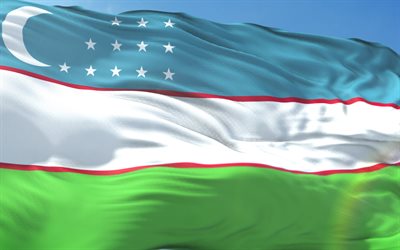Flag of Uzbekistan, blue sky, flagpole, waving Flag of Uzbekistan, Азия, Uzbekistan Flag, 3д Flag of Uzbekistan
