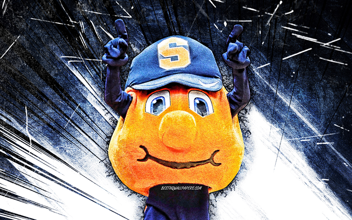 4k, Otto l&#39;Orange, art grunge, mascotte, Syracuse Orange, NCAA, USA, mascotte Syracuse Orange, rayons abstraits bleus, mascottes NCAA, mascotte officielle, mascotte Otto l&#39;Orange