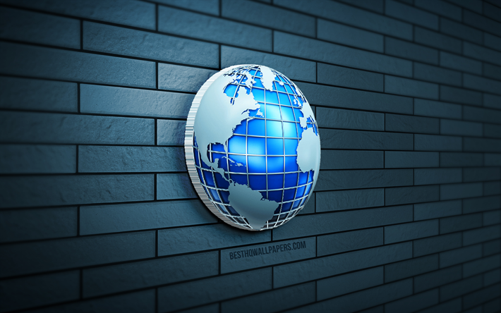 Globe bleu 3D, 4K, mur de briques bleu, cr&#233;atif, ic&#244;ne de globe, Globe avec drapeaux, art 3D, globes, Globe 3D