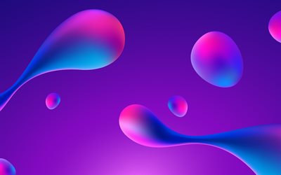 purple 3D drops, 4k, creative, abstract backgrounds, liquid art, abstract drops, background with drops, 3D drops