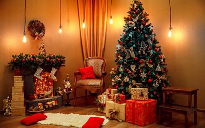 4k, Christmas interior, fireplace, Christmas evening, gifts, Christmas tree, Merry Christmas, Christmas decorations