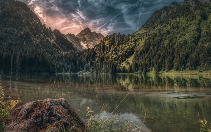 mountain lake, evening, forest, mountains, mountain landscape, green trees, Alps