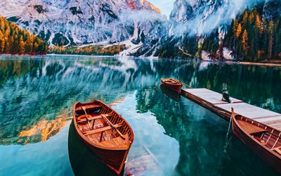 Lake Braies, pier, italian landmarks, Dolomites, husky, mountain lake, Lago Di Braies, summer, beautiful nature, mountains, South Tyrol, Italy, Europe