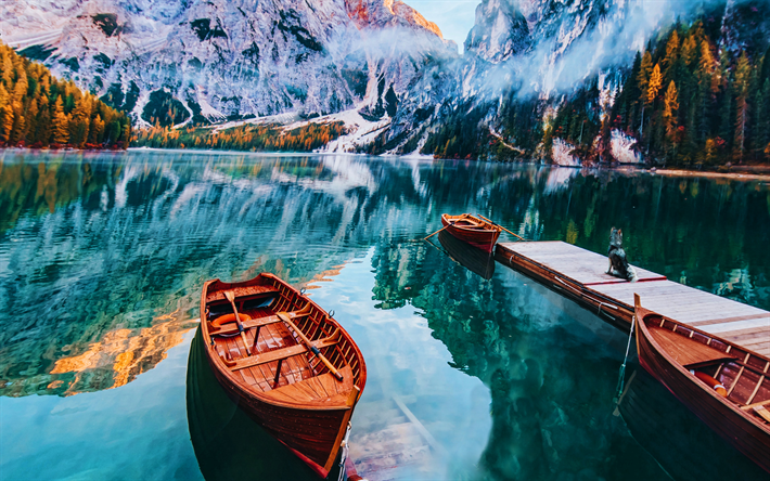 Lake Braies, pier, italian landmarks, Dolomites, husky, mountain lake, Lago Di Braies, summer, beautiful nature, mountains, South Tyrol, Italy, Europe