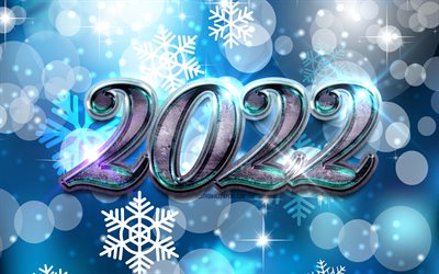 4k, 2022 blue metal digits, Happy New Year 2022, blue snowflakes background, 2022 concepts, 2022 new year, 2022 on blue background, 2022 year digits