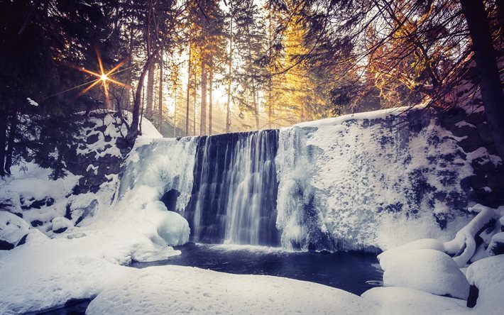 winter, waterfall, snow, sunset, ice, forest