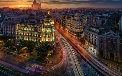 Madrid, gece, Metropolis, şehir ışıkları, sokak, İspanya