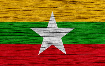 Bandeira de Mianmar, 4k, &#193;sia, textura de madeira, Mianmar bandeira nacional, s&#237;mbolos nacionais, Bandeira de mianmar, arte, Mianmar