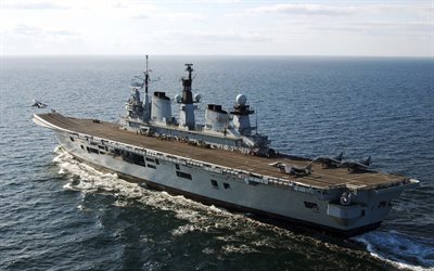 El HMS Ilustres, R06, de la Marina Real, portaaviones Invencible de clase, 4k, Reino Unido de la Marina, el mar, la cubierta, el buque de guerra