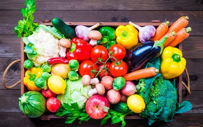 مربع مع الخضروات الطازجة, الفاكهة, الغذاء الصحي المفاهيم, الطماطم, الخيار, الملفوف, الباذنجان, البصل, الجزر, الفلفل, الفطر