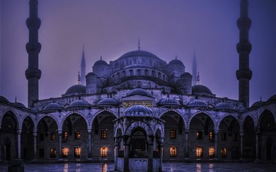 La Moschea blu, Istanbul, sera, simboli religiosi, i minareti, Konstantinopol, Turchia