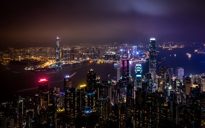 4k, Hong Kong, noturnas, panorama, skycrappers, China