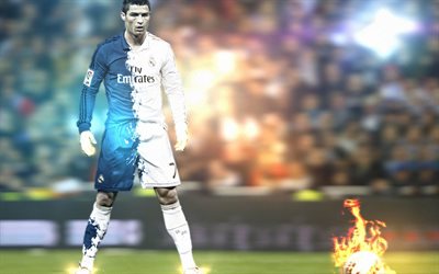 Cristiano Ronaldo, 4k, les stars du football, des n&#233;ons, CR7, le Real Madrid, football, Ronaldo, le feu, fan art, de la Ligue, les footballeurs