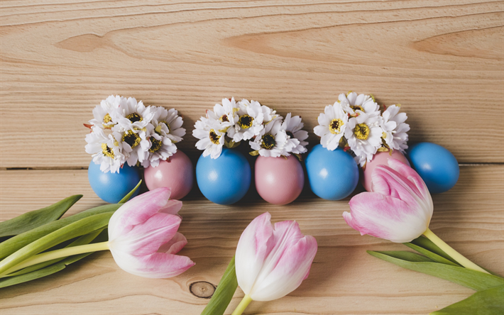 Easter, pink tulips, Easter colored eggs, April 1, 2018, Easter decoration