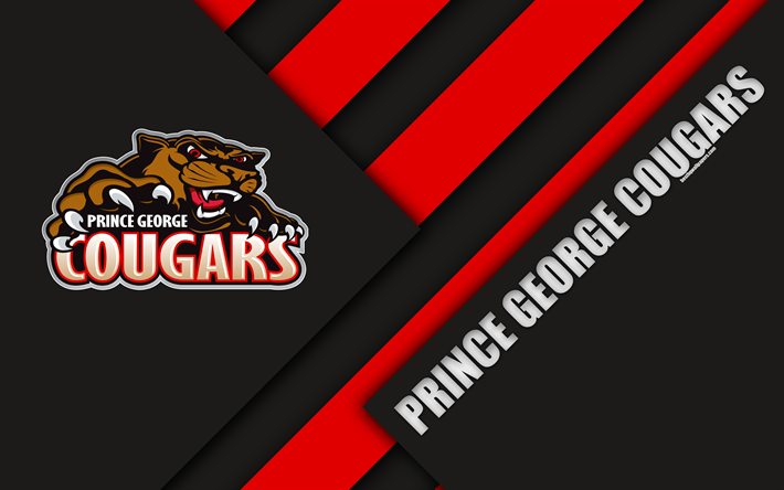 Prince George Cougars, WHL, 4K, Kanadalı Hokey Kul&#252;b&#252;, malzeme tasarımı, logo, siyah, kırmızı soyutlama, Prince George, Kanada, Batı Hokey Ligi