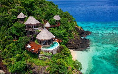Fiji, Laucala Adası, tropik ada, okyanus, palmiye Resort hotel, y&#252;zme havuzları, tatil