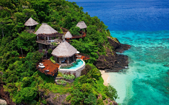 Resort p&#229; Fiji, Laucala Island, tropiska &#246;n, ocean, palms, hotel, pooler, semester, Fiji
