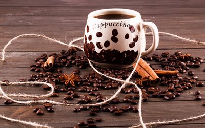 Cappuccino, kahvipapuja, valkoinen cup, kahvin-k&#228;sitteit&#228;, kaneli