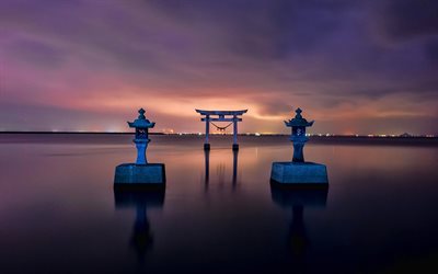 Kobe, 4k, puerta, mar, noche, Jap&#243;n, Asia
