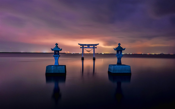 Kobe, 4k, cancello, di mare, di sera, Giappone, Asia