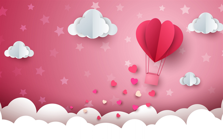 Valentines Day, origami landscape, rendering, romantic concepts, clouds