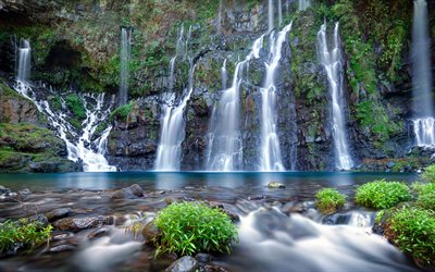 Reunion Waterfalls, 4k, rock, lake, beautiful waterfall, Reunion Island