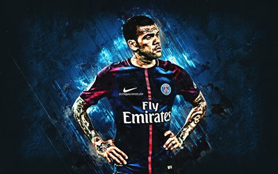 Dani Alves, PSG, defender, joy, blue stone, famous footballers, football, Paris Saint-Germain, Brazilian footballers, grunge, Ligue 1, France