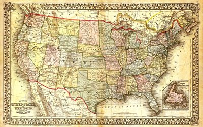 USA Map, old map, vintage, retro, Map of the United States, American states map, USA