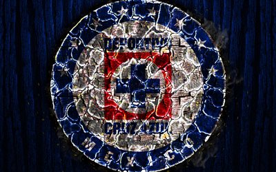 Cruz Azul, logo, real, mavi ahşap arka plan, Lig MX, Meksika Futbol Kul&#252;b&#252;, grunge, CD Cruz Azul, futbol, Cruz Azul logo, yangın, doku, Meksika scorched