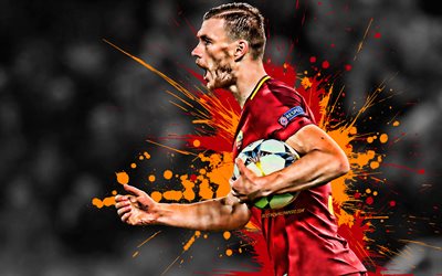 Edin Dzeko, 4k, Bosnian football player, AS Roma, striker, red-orange paint splashes, creative art, Serie A, Italy, football, grunge, Dzeko