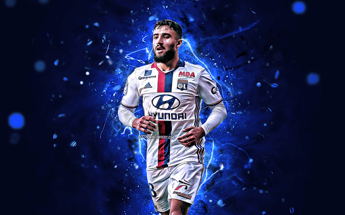 Nabil Fekir, valkoinen univormu, abstrakti taide, Olympique Lyon FC, League 1, Fekir, Ranskalaiset jalkapalloilijat, neon valot, jalkapallo