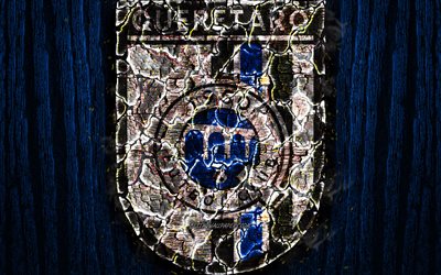 Club Queretaro, scorched logo, Primera Division, blue wooden background, Liga MX, Mexican football club, grunge, Queretaro FC, football, soccer, Club Queretaro logo, fire texture, Mexiсo