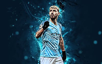 Sergio Aguero, close-up, Manchester City FC, Inghilterra, argentina, calciatori, calcio, Kun Aguero, Premier League, il manchester City, luci al neon