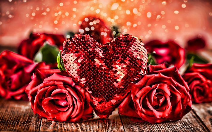 4k, Heureuse saint Valentin, coeur rouge, le 14 f&#233;vrier, les roses rouges, macro, aimer concept, brillant coeur, saint Valentin, Saint Valentin