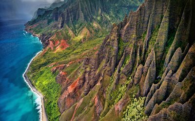 Hawaii, mountains, coast, sky, clouds, ocean, USA, America, HDR