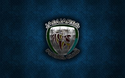 Jaguares de Cordoba, Colombian football club, blue metal texture, metal logo, emblem, Monteria, Colombia, Liga Aguila, creative art, football, Jaguares FC
