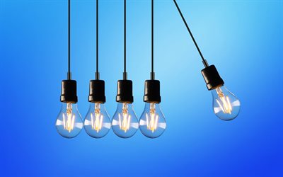 light bulbs, blue background, idea concepts, business concepts, light bulbs on wires