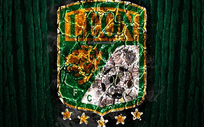 Club Leon, scorched logo, Primera Division, green wooden background, Liga MX, Mexican football club, grunge, Leon FC, football, soccer, Club Leon logo, fire texture, Mexiсo