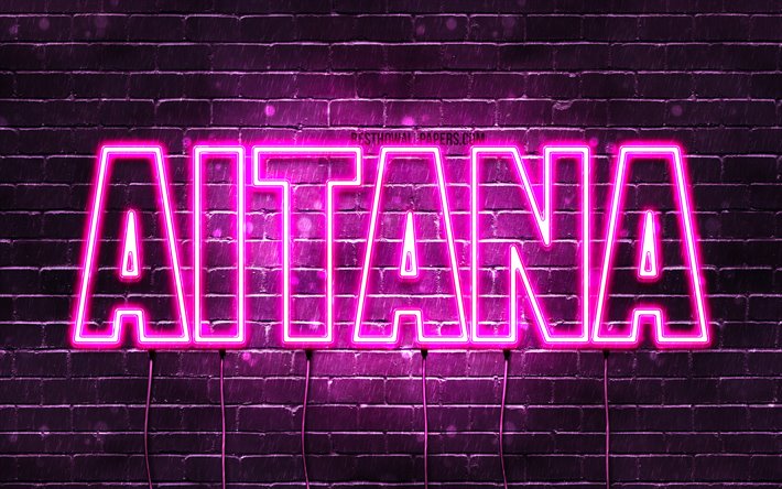 Aitana, 4k, 壁紙名, 女性の名前, Aitana名, 紫色のネオン, テキストの水平, 写真Aitana名