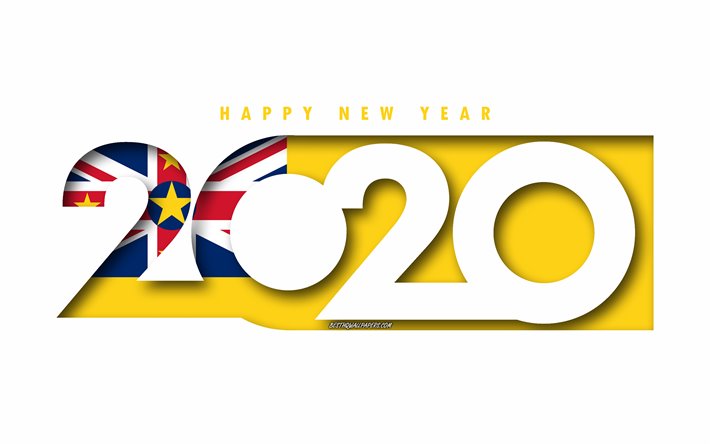 Niue 2020, Lipun Niue, valkoinen tausta, Hyv&#228;&#228; Uutta Vuotta Niue, 3d art, 2020 k&#228;sitteit&#228;, Niue lippu, 2020 Uusi Vuosi, 2020 Niue lippu