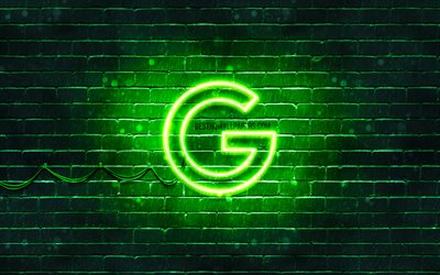 Google logo verde, 4k, verde, brickwall, il logo di Google, marche, Google neon logo di Google