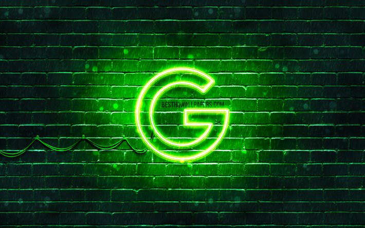 Google green logo, 4k, green brickwall, Google logo, brands, Google neon logo, Google