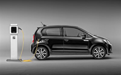2020, Seat Mii Electric, side view, exterior, black hatchback, new black Mii Electric, electric cars, spanish cars, electric car charging concepts, Seat